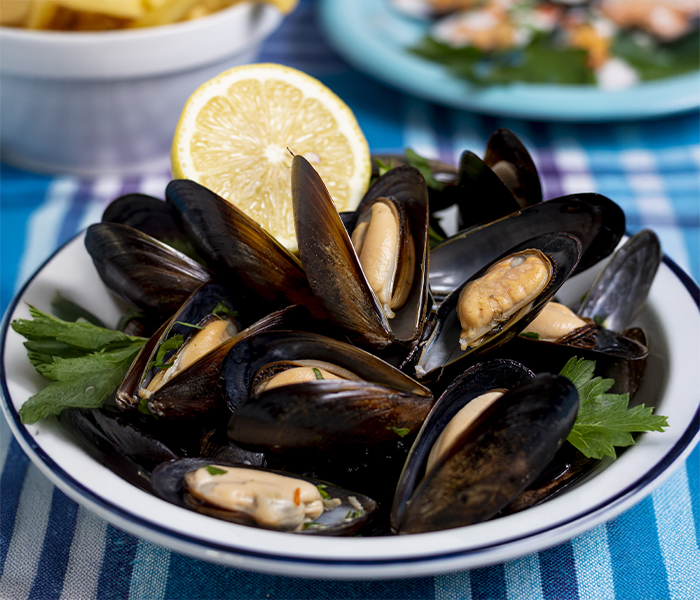 frische Miesmuscheln, wahlweise in Weißwein- oder Tomatensauce